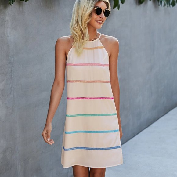 Women Halter Neck Sleeveless Striped Solid Loose Fit Tunic Short Dress - Picture 2 of 7